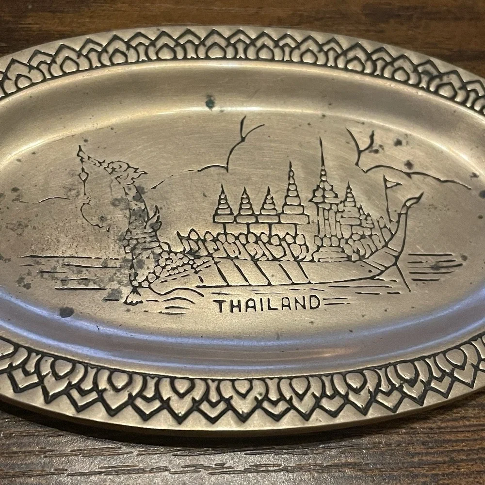 ✅Vintage Thailand Souvenir Small Brass Oval Platter 5